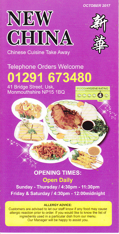 New China Chinese takeaway menu in Usk