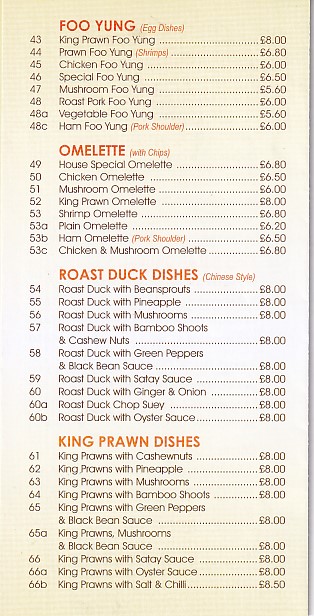 Menu of Mai Palace, Chinese, in Dukestown, Tredegar.