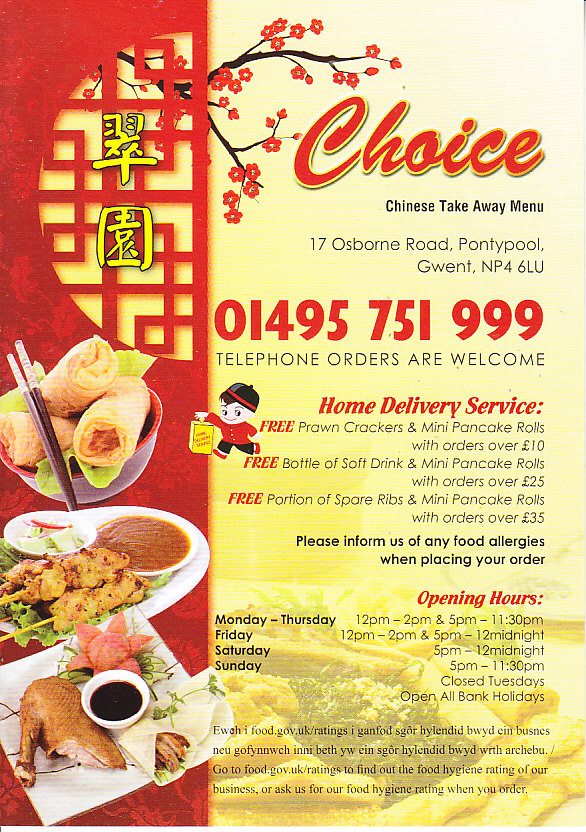 Choice Chinese takeaway menu in Pontypool