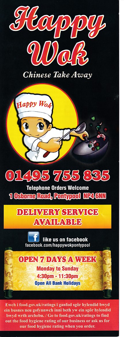 Happy Wok Chinese takeaway menu in Pontypool