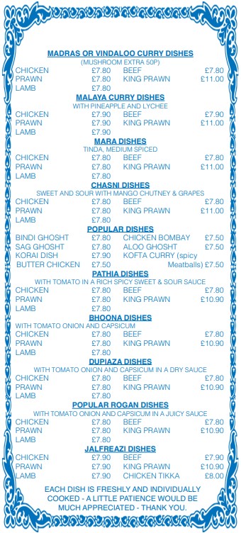 Shaheen Tandoori takeaway menu in New Inn, Pontypool