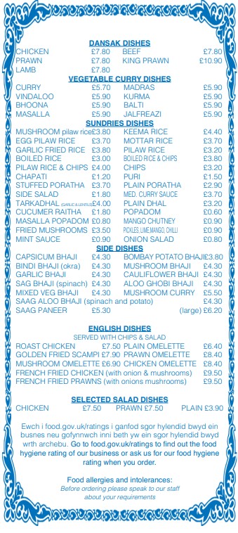 Shaheen Tandoori takeaway menu in New Inn, Pontypool