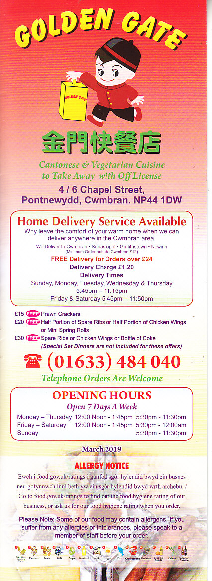 Golden Gate chinese Menu Cwmbran Takeaway