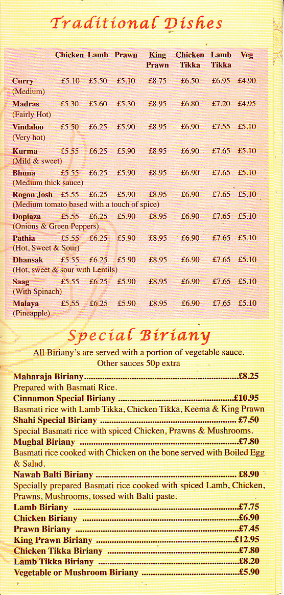 Menu of Cinnamon Tree Indian Takeaway Abergavenny