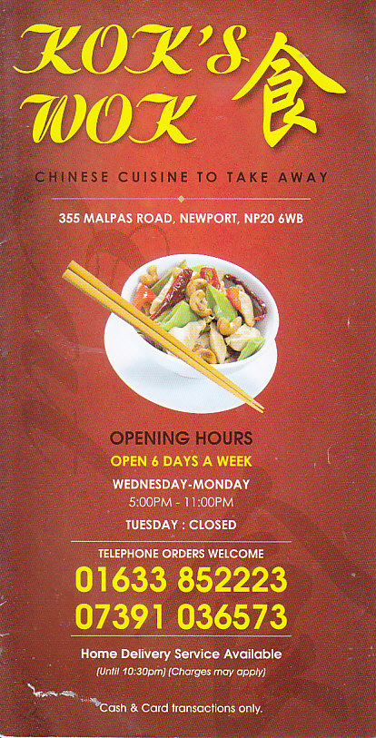 Kok's Wok chinese takeaway menu Newport